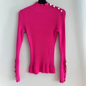INC International Concepts Hot Pink Ribbed Knit Sweater Accent Buttons Size M